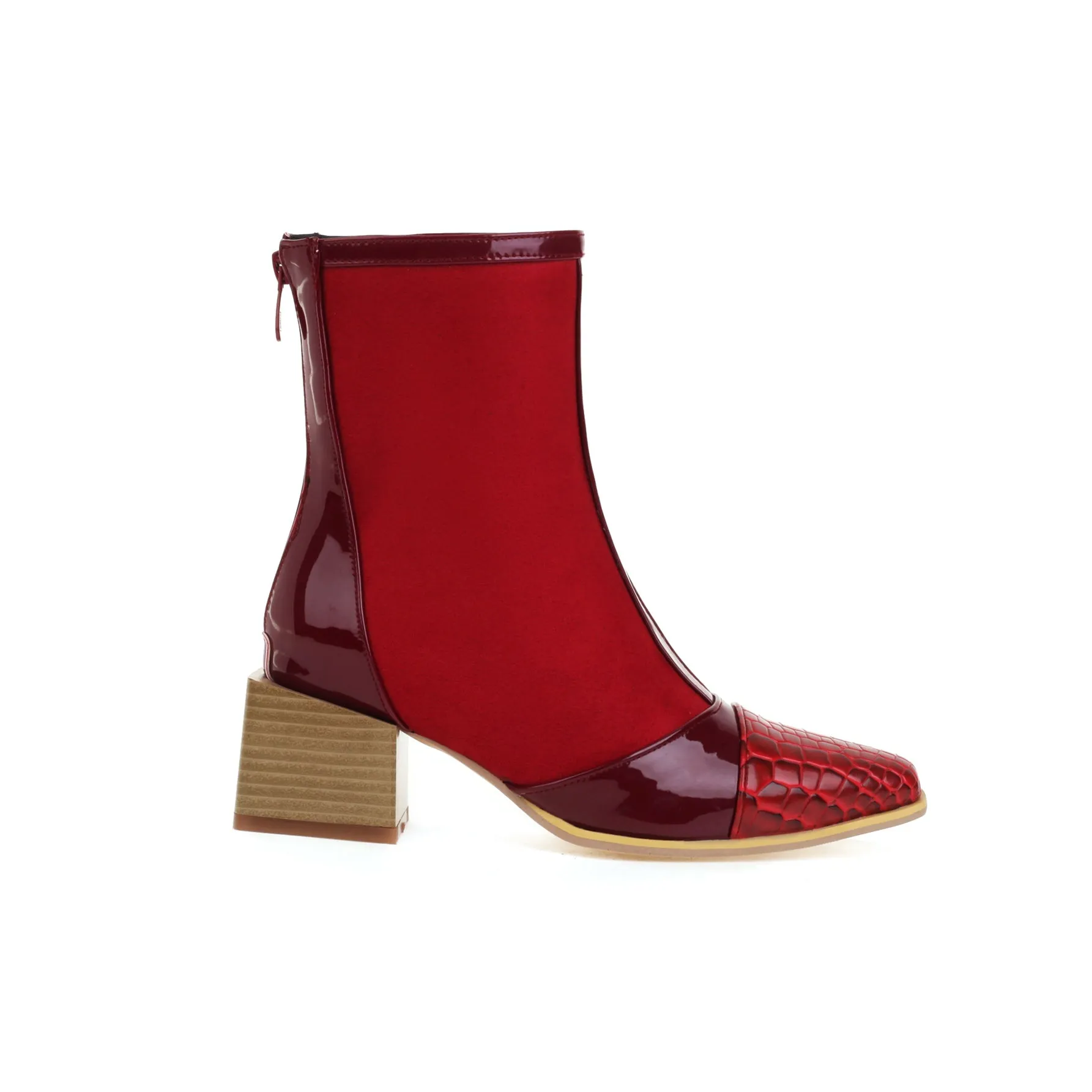 Bigsizeheels Stylish Side Zipper Pointed Toe Chunky Heel Ankle Boots - Red