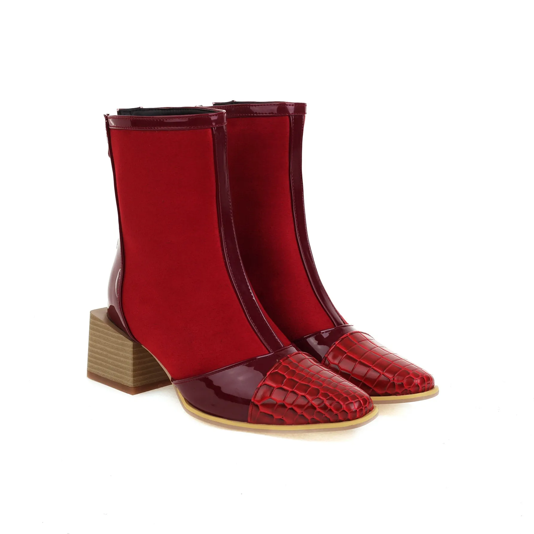 Bigsizeheels Stylish Side Zipper Pointed Toe Chunky Heel Ankle Boots - Red