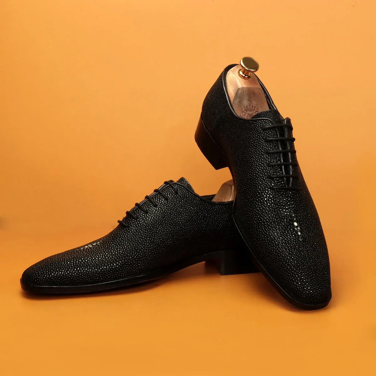 Black Oxfords Lace-Up Formal Shoes in Exotic Black Stingray Fish Leather