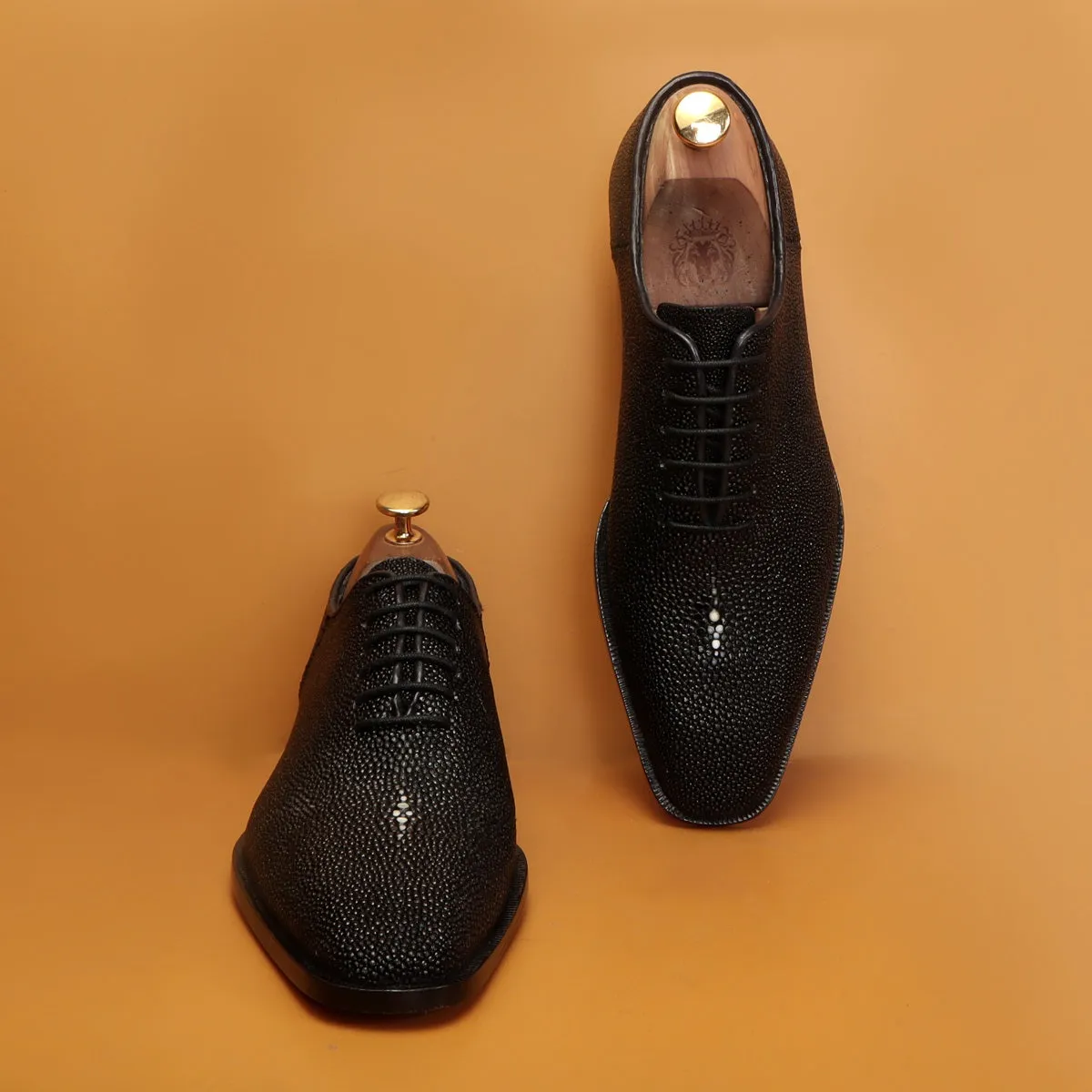 Black Oxfords Lace-Up Formal Shoes in Exotic Black Stingray Fish Leather