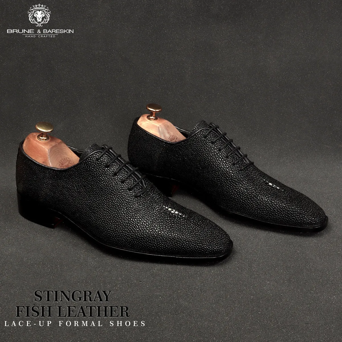 Black Oxfords Lace-Up Formal Shoes in Exotic Black Stingray Fish Leather
