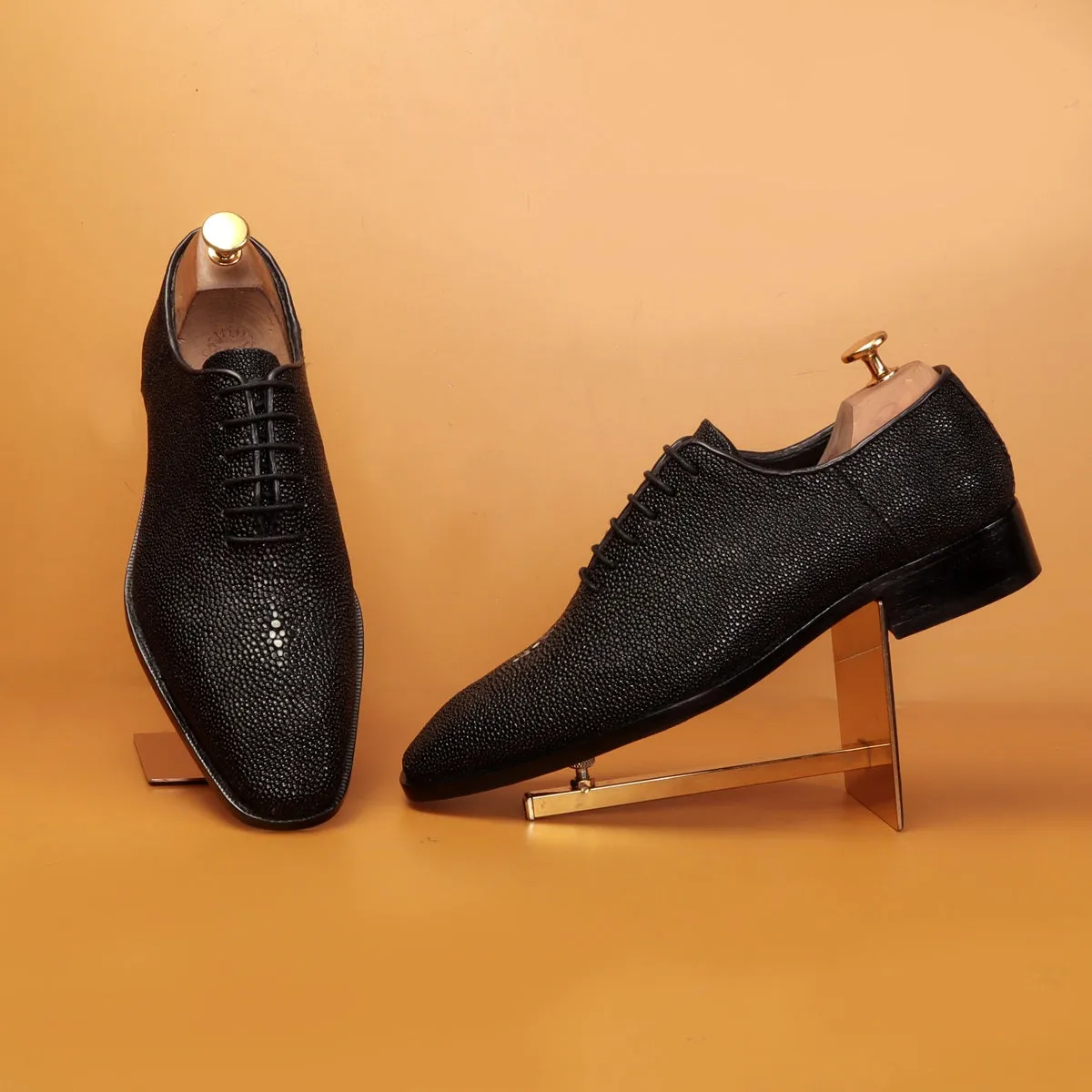 Black Oxfords Lace-Up Formal Shoes in Exotic Black Stingray Fish Leather