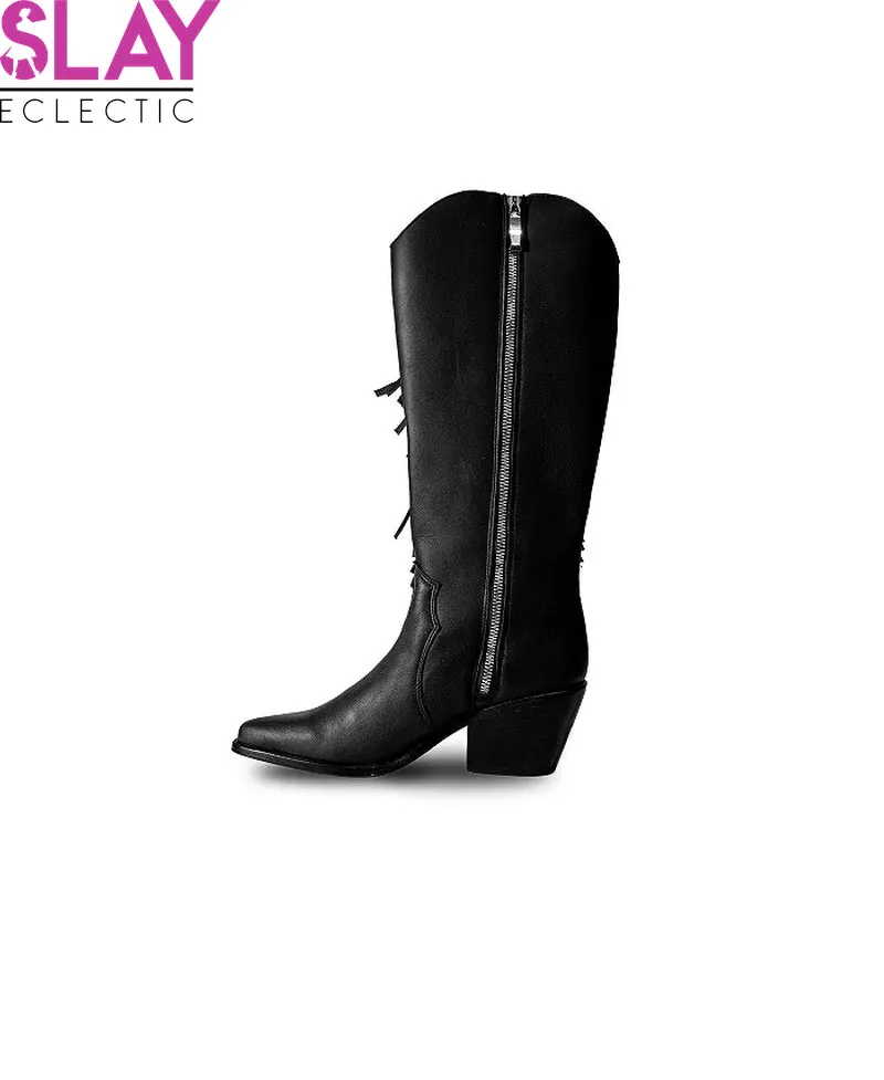 Chic Black Knee-High Leather Boots with Stylish Side Fringe