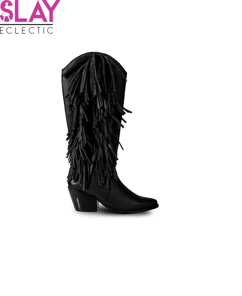 Chic Black Knee-High Leather Boots with Stylish Side Fringe