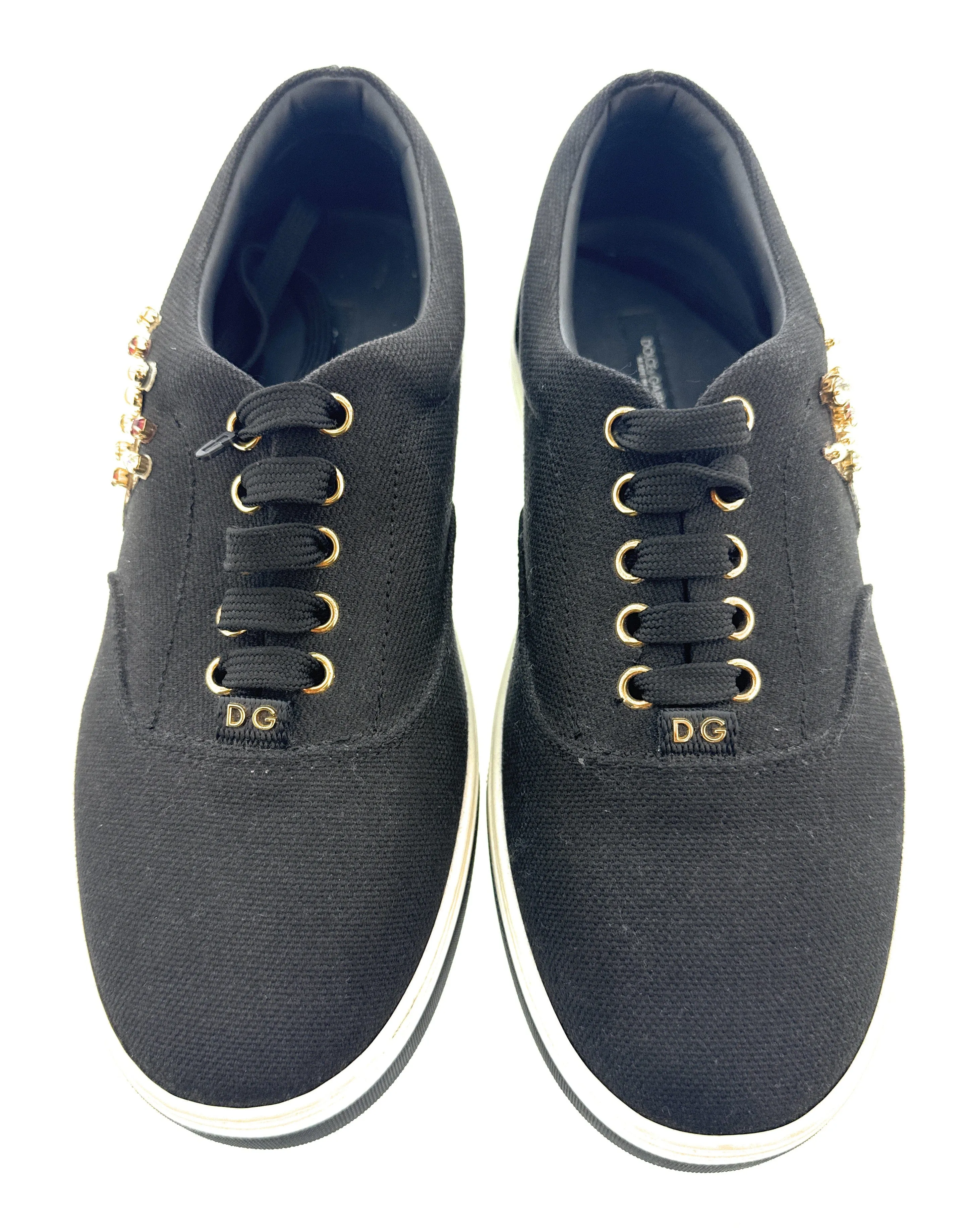 Dolce & Gabbana Men's Black Canvas Sneakers with Crown Cartoon Patch-EU39