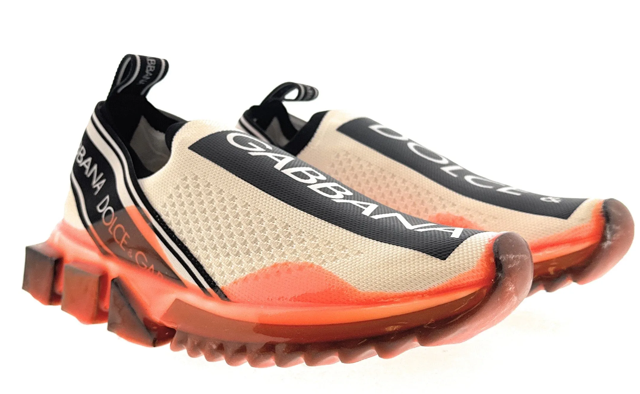 Dolce & Gabbana White/Orange Logo Knit Slip On Sneakers-EU38