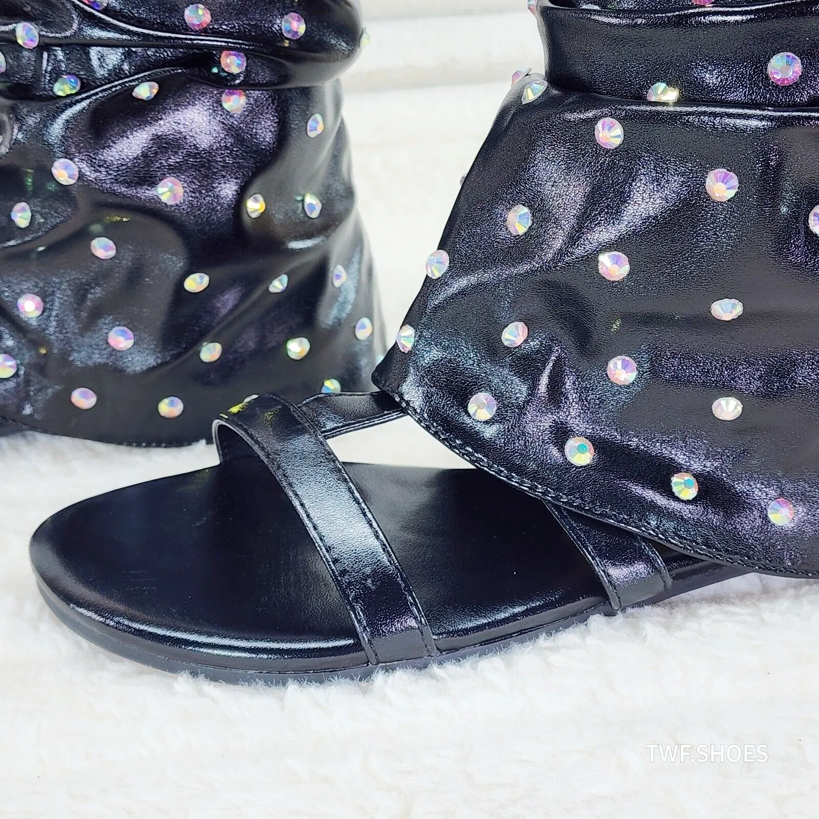 Fabulous Metallic Black Upper & Rhinestones Sandal Slouch Boots Shooties