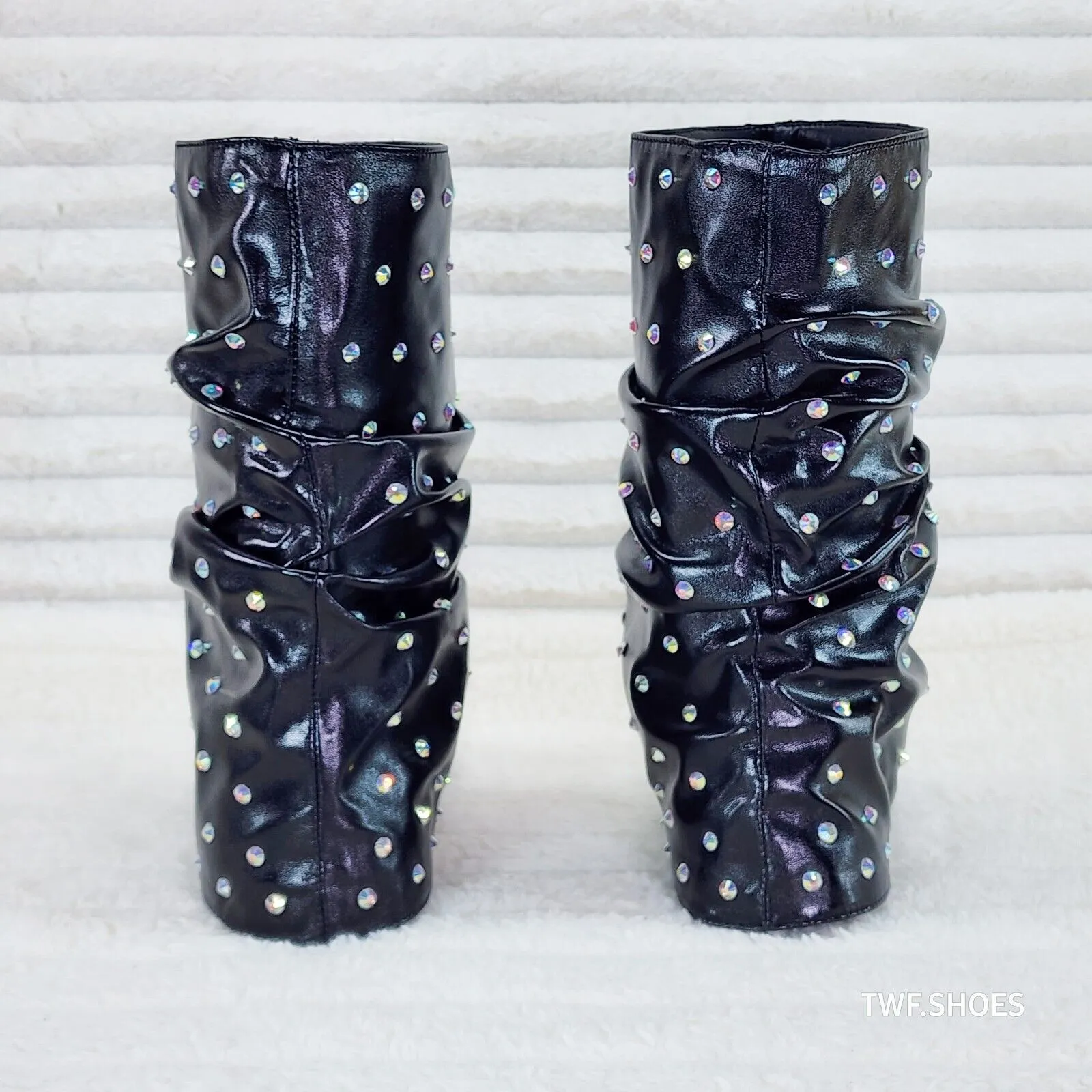 Fabulous Metallic Black Upper & Rhinestones Sandal Slouch Boots Shooties