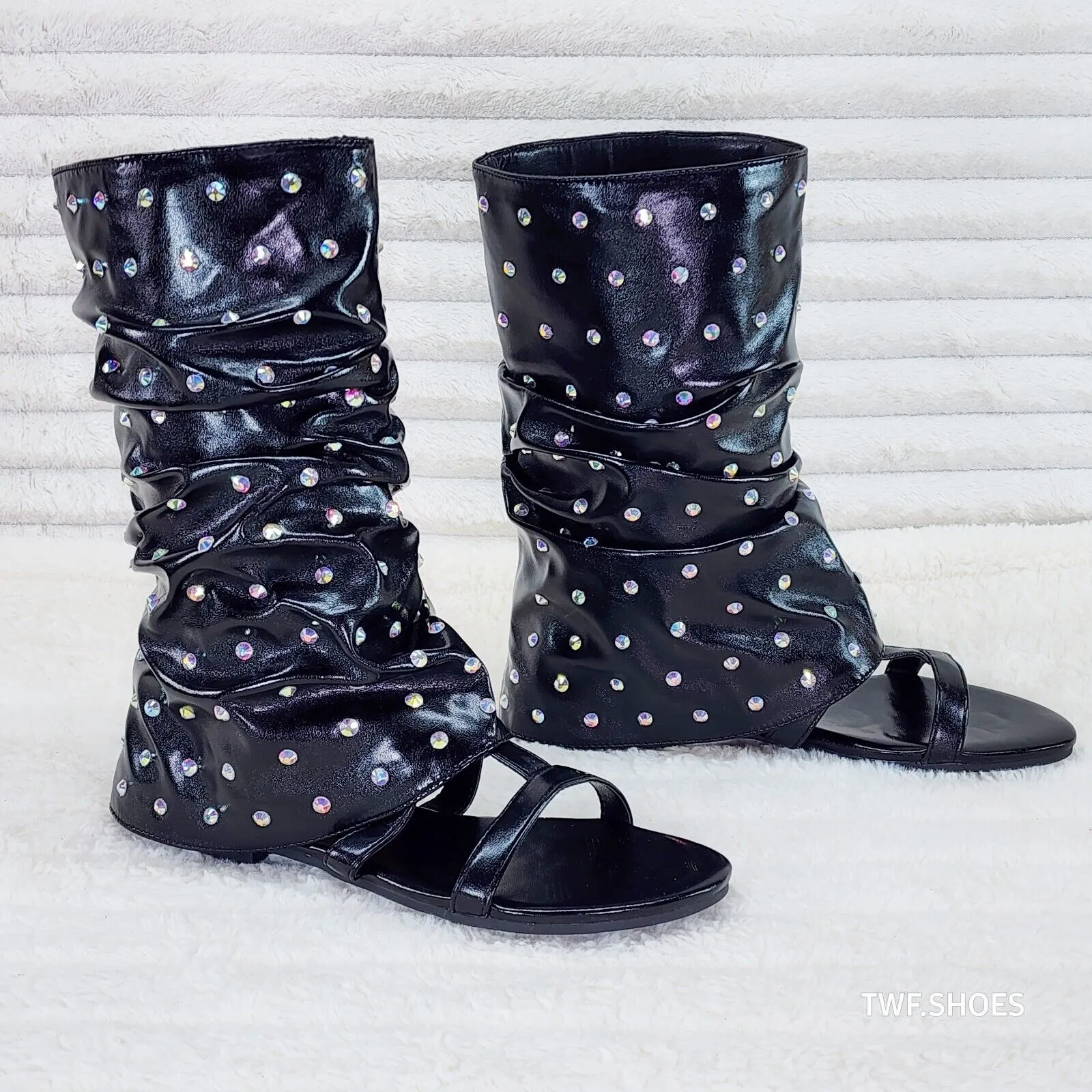 Fabulous Metallic Black Upper & Rhinestones Sandal Slouch Boots Shooties
