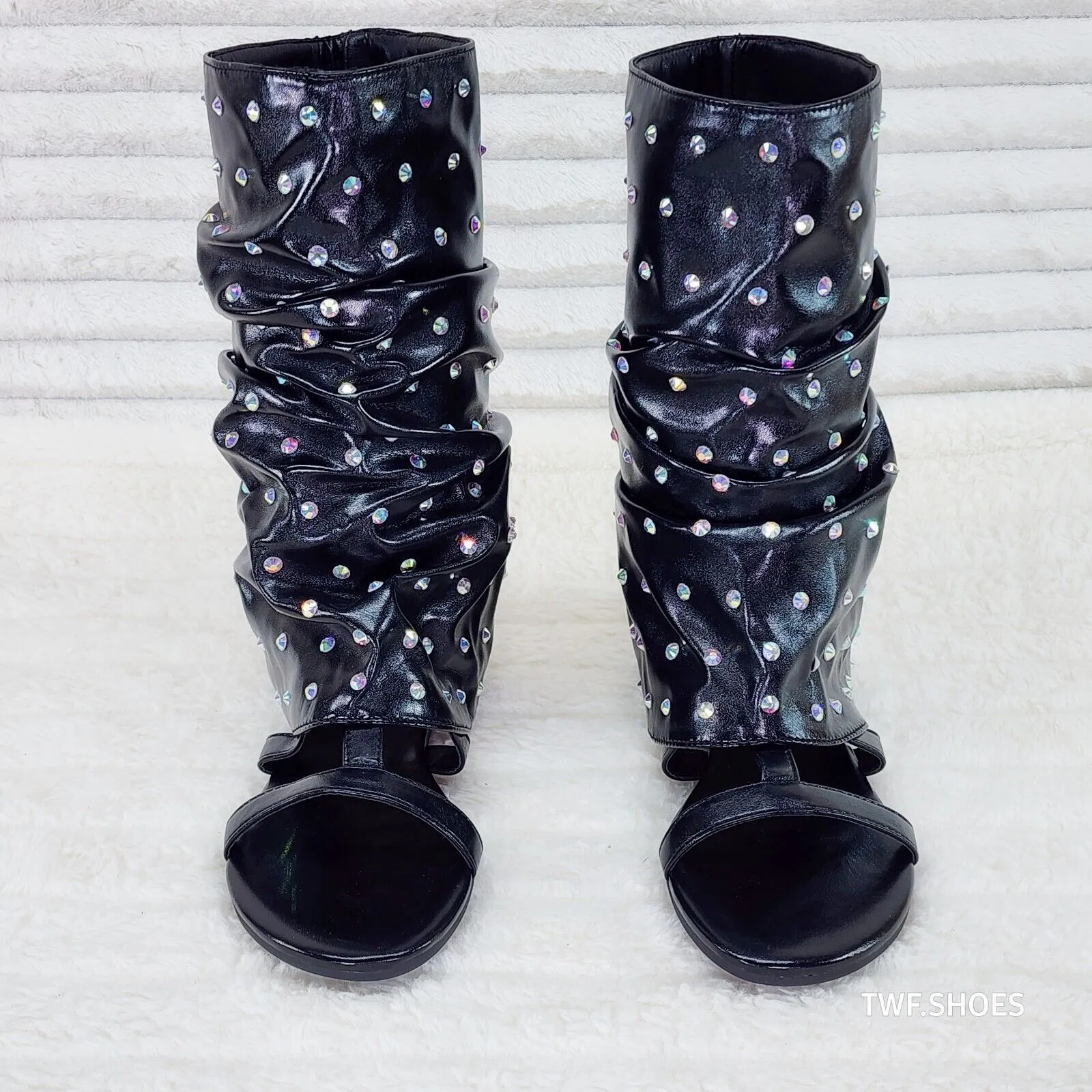 Fabulous Metallic Black Upper & Rhinestones Sandal Slouch Boots Shooties