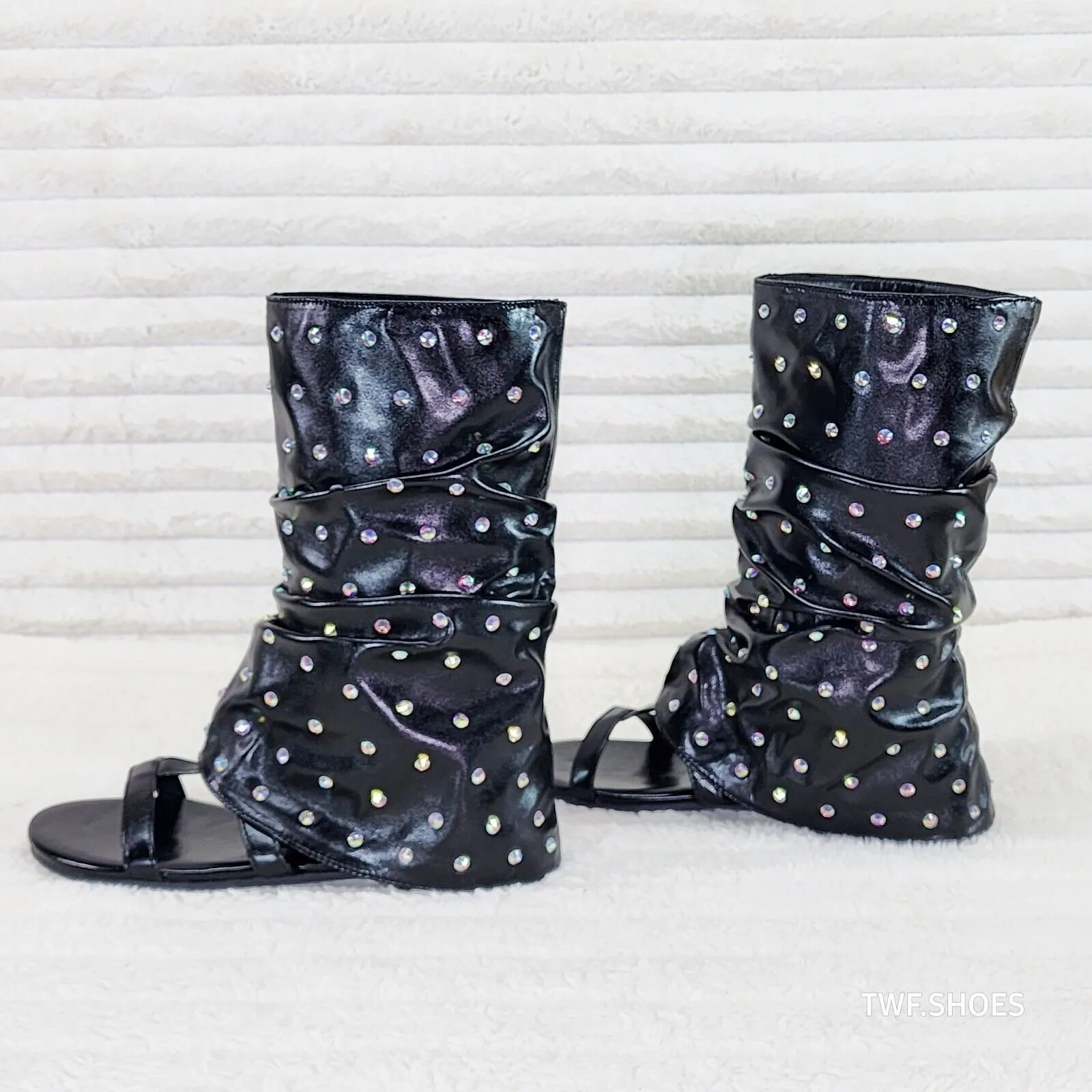 Fabulous Metallic Black Upper & Rhinestones Sandal Slouch Boots Shooties