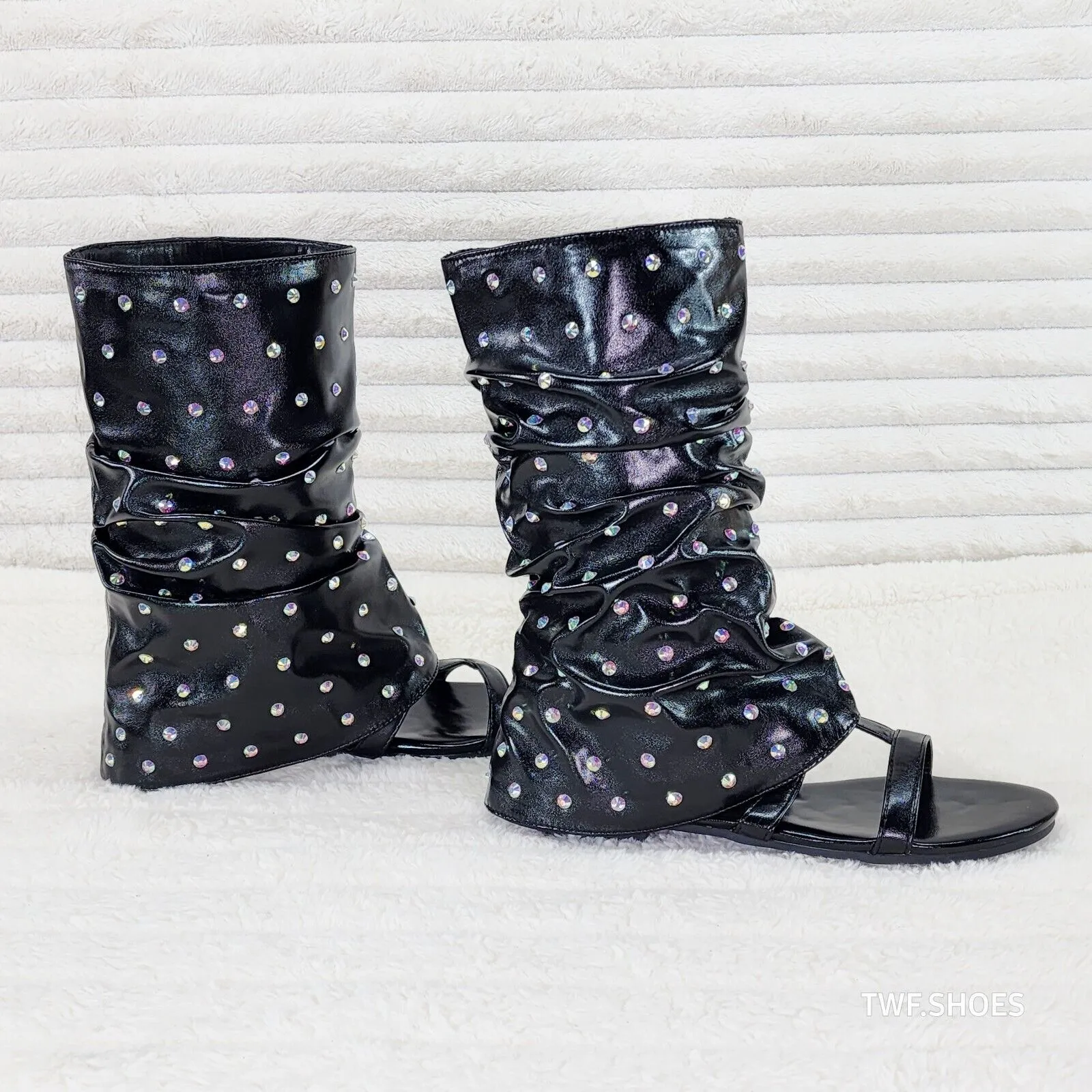 Fabulous Metallic Black Upper & Rhinestones Sandal Slouch Boots Shooties