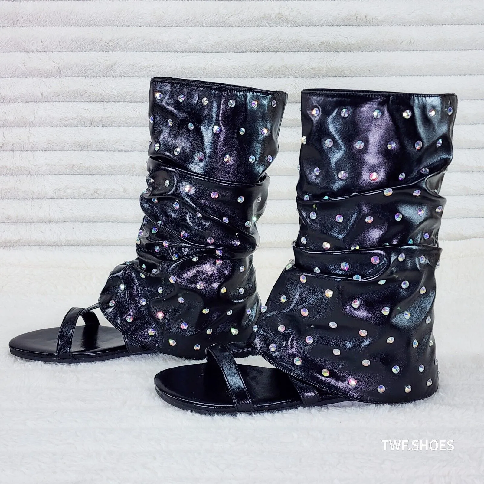 Fabulous Metallic Black Upper & Rhinestones Sandal Slouch Boots Shooties