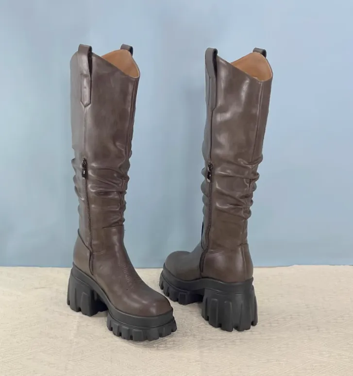 JIALINNA CANDY GIRLS CHUNKY SOLE KNEE-HIGH LEATHER PLATFORM WOMEN'S BOOTS