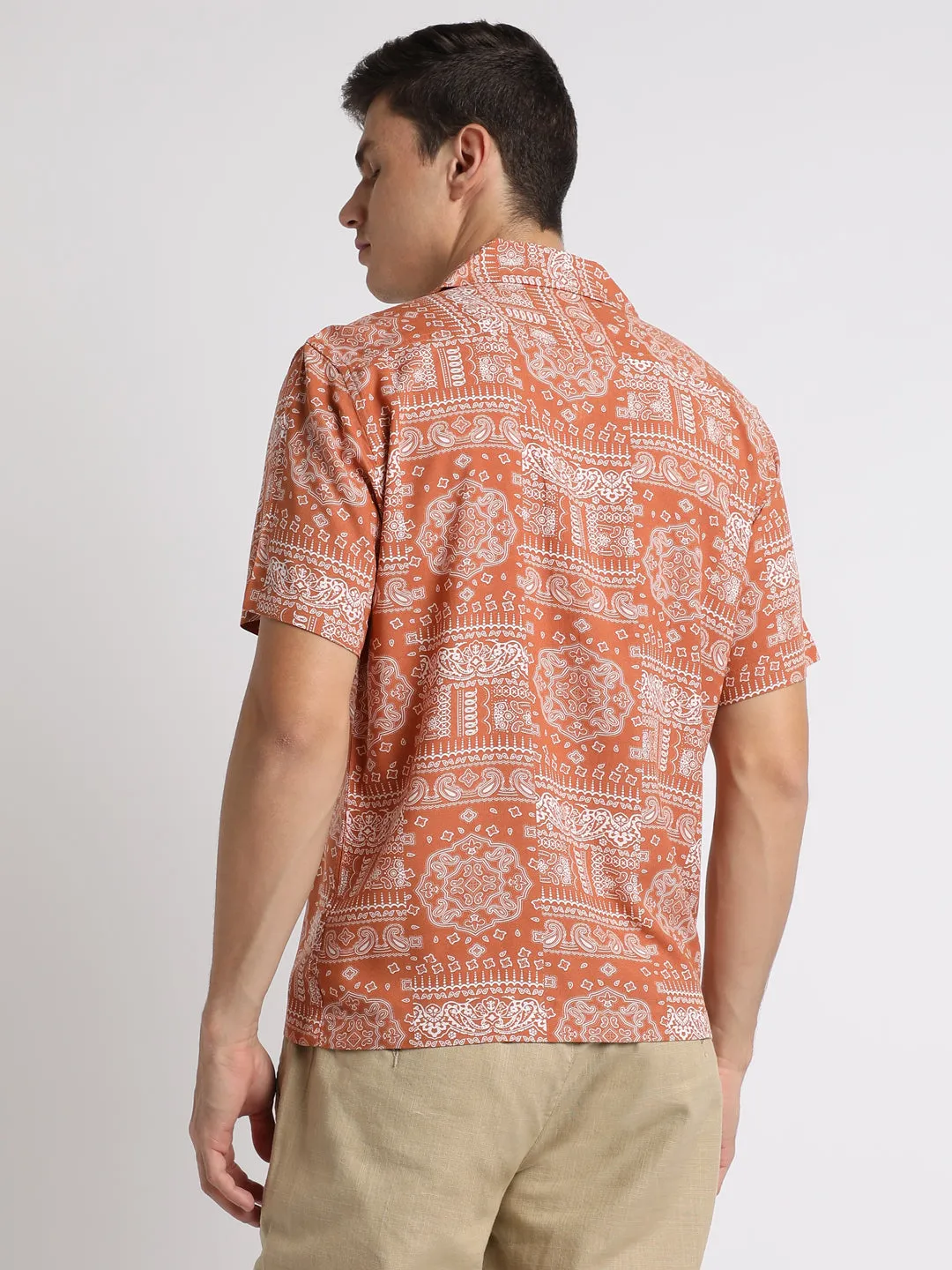 Men's Cuban Collar Regular Fit Print Rust Casual Shirts