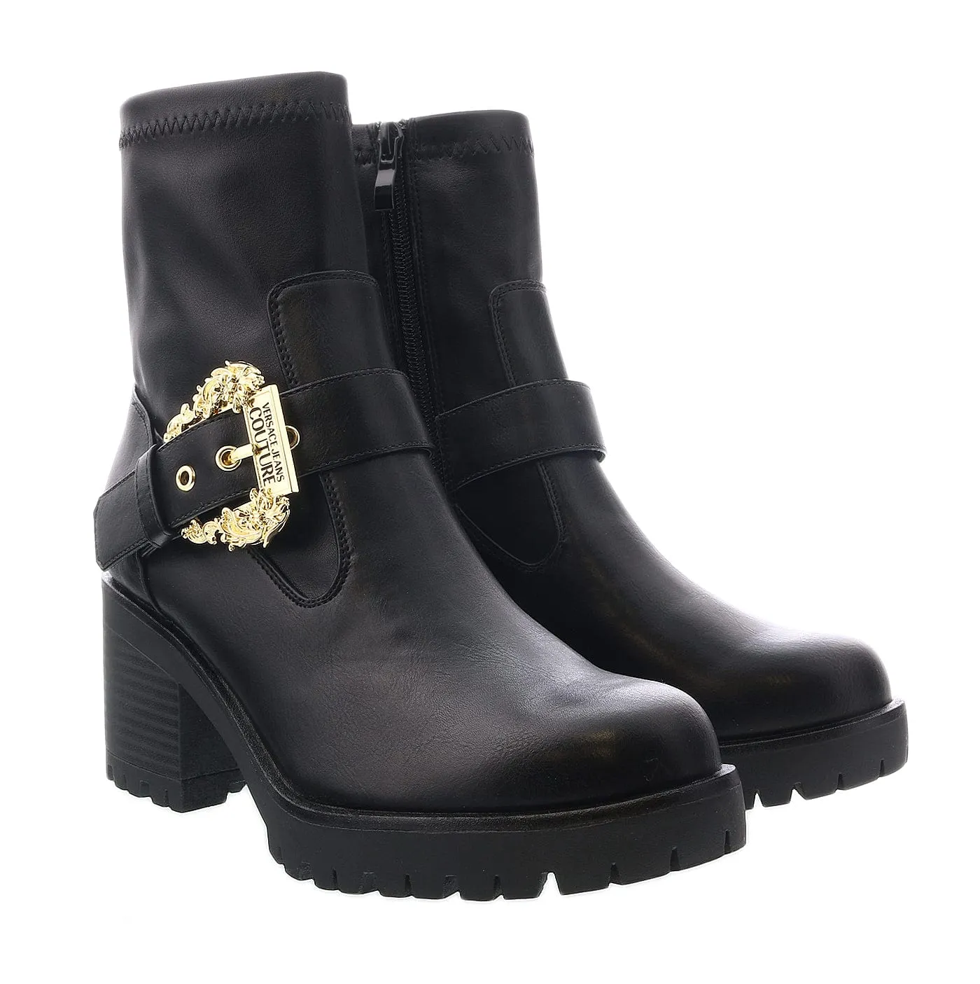 Versace Jeans Couture Black Block Heel Slip On Ankle Boots-